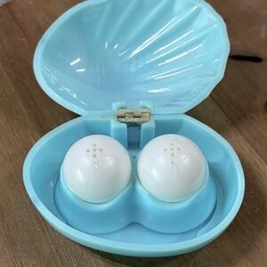 Vintage MCM Shell Salt & Pepper Shakers w/ Blue Plastic Case USA